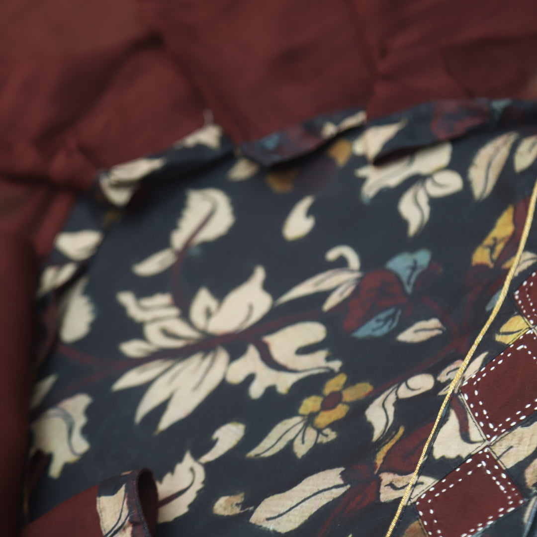 Hayaat Dark Blue Digital Kalamakari Printed Cotton Top with Mahogany Dupatta