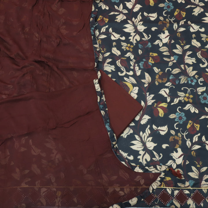 Hayaat Dark Blue Digital Kalamakari Printed Cotton Top with Mahogany Dupatta