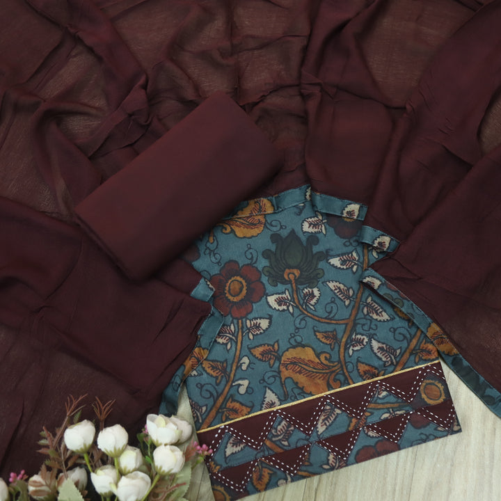 Hayaat Sapp. Blue Digital Kalamakari Printed Cotton Top with Choco Brown Dupatta