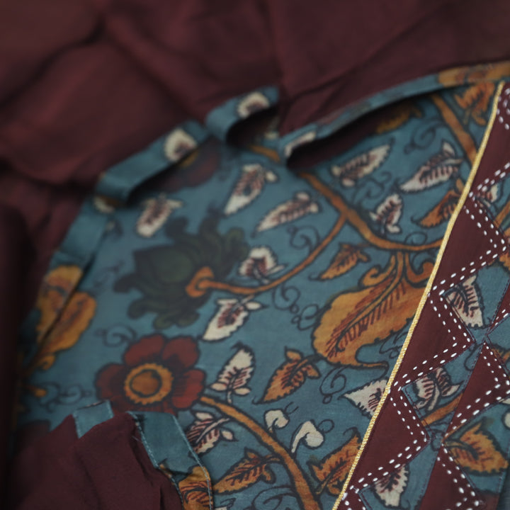 Hayaat Sapp. Blue Digital Kalamakari Printed Cotton Top with Choco Brown Dupatta
