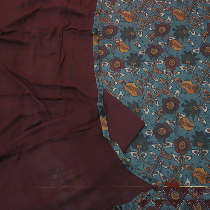 Hayaat Sapp. Blue Digital Kalamakari Printed Cotton Top with Choco Brown Dupatta
