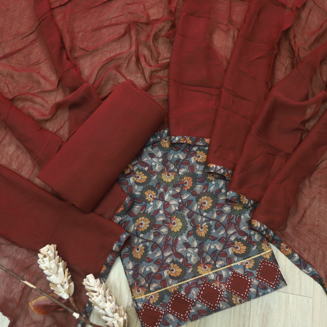 Hayaat Choco Brown Digital Kalamakari Printed Cotton Top with Maroon Dupatta