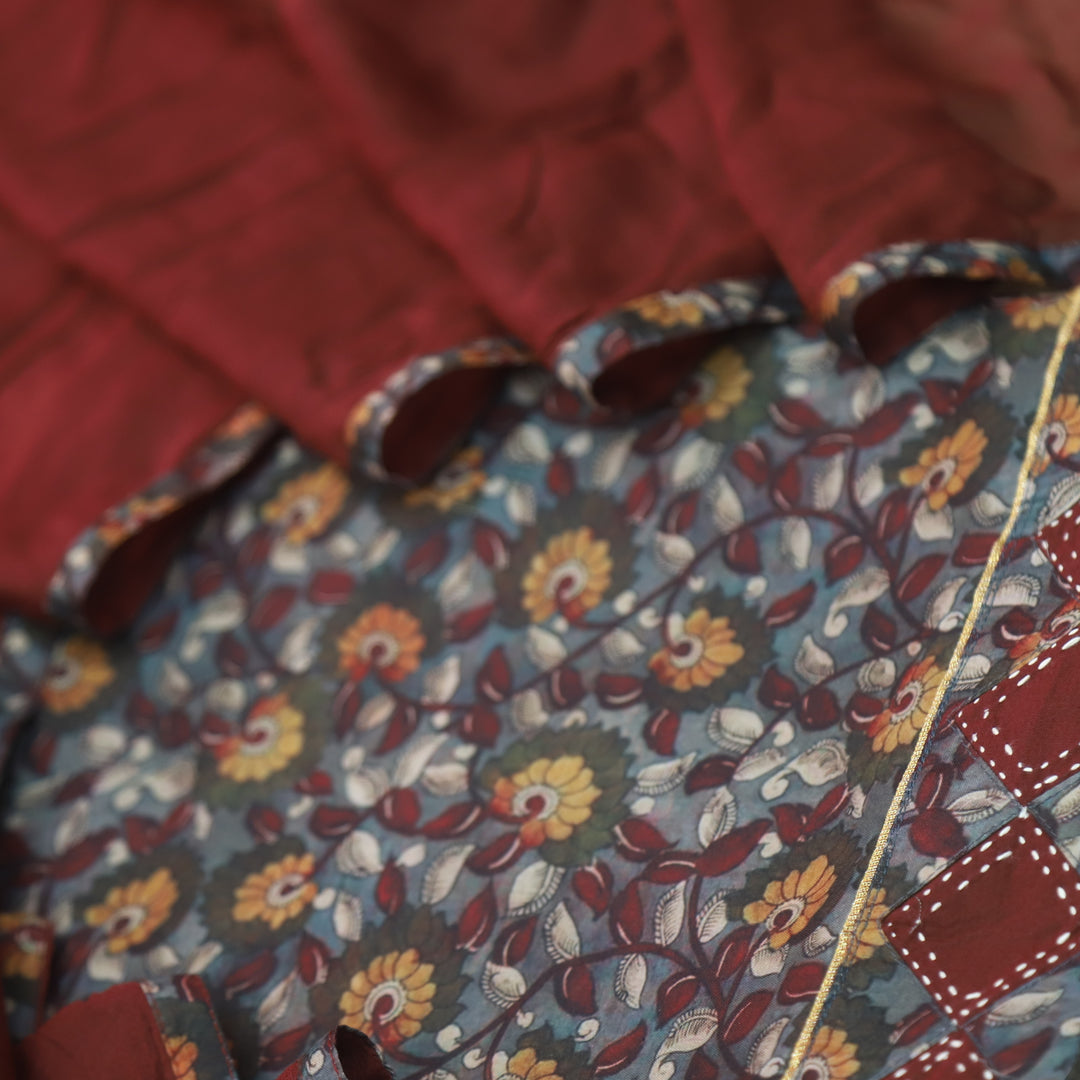 Hayaat Choco Brown Digital Kalamakari Printed Cotton Top with Maroon Dupatta