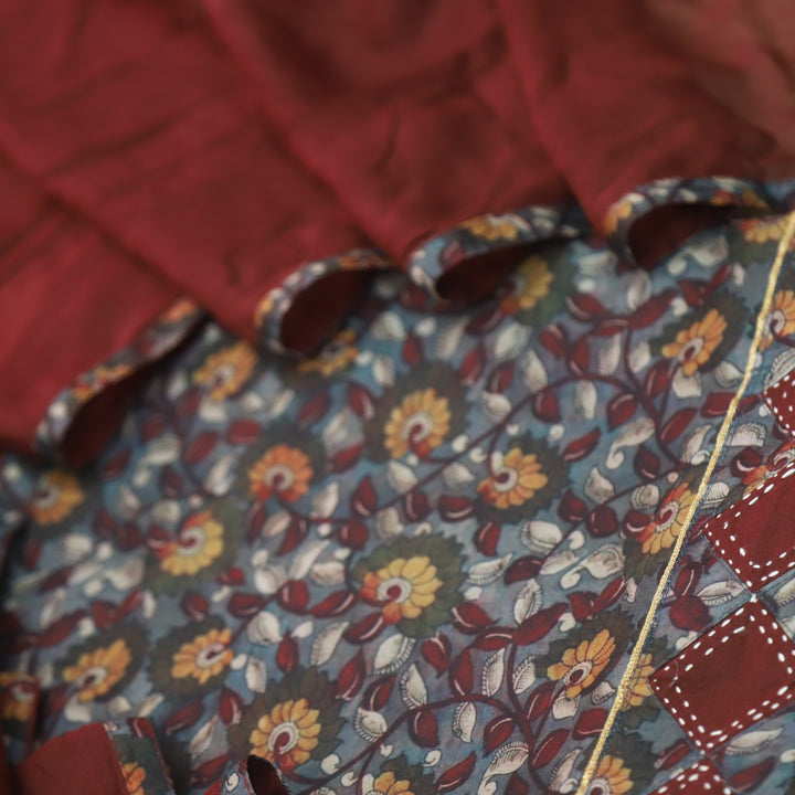Hayaat Choco Brown Digital Kalamakari Printed Cotton Top with Maroon Dupatta