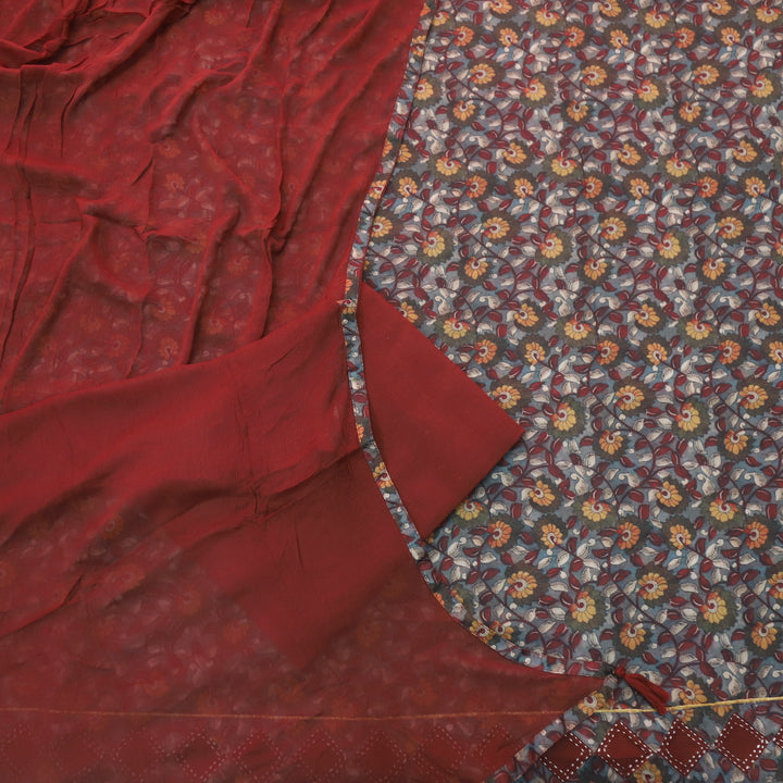 Hayaat Choco Brown Digital Kalamakari Printed Cotton Top with Maroon Dupatta