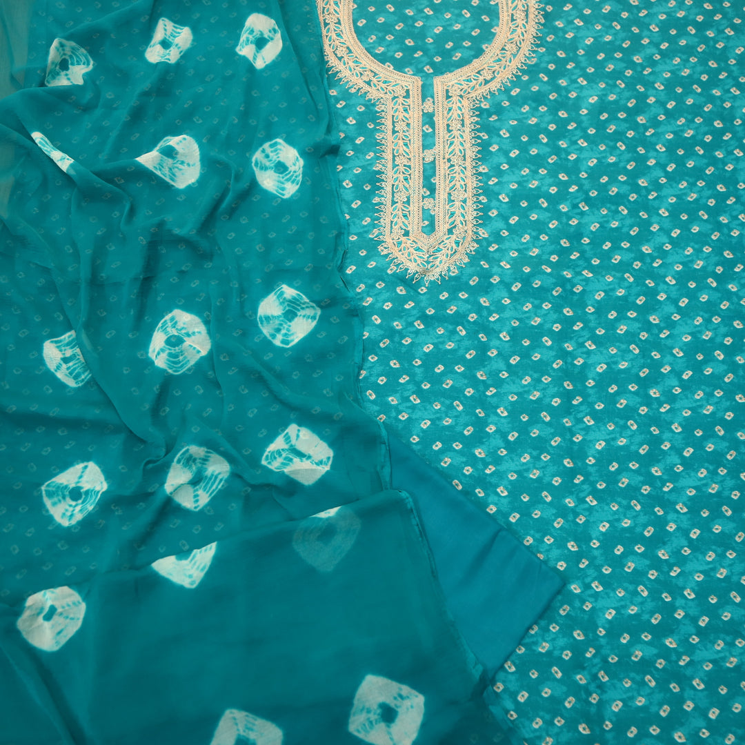 Ada Teal Blue Zari Embellish Work Bandani Printed Jam Cotton Suit Set