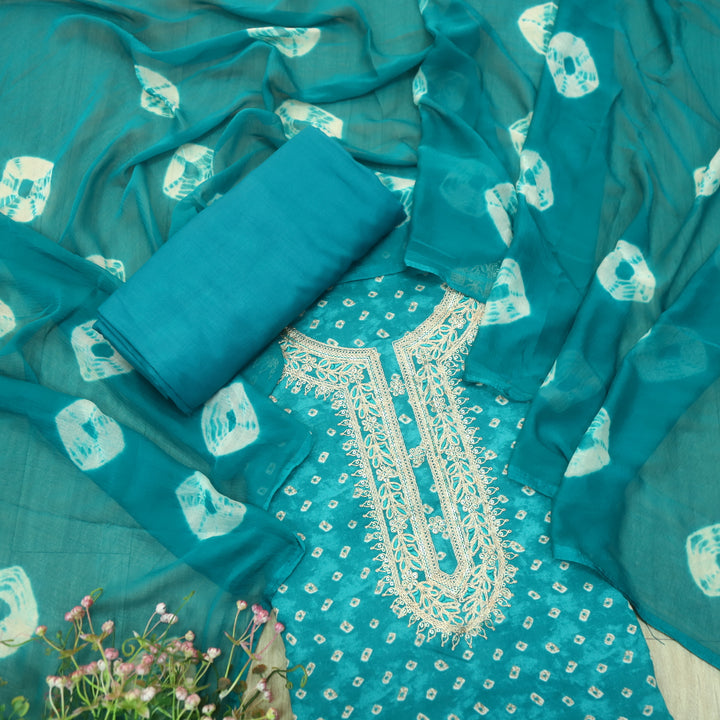 Ada Teal Blue Zari Embellish Work Bandani Printed Jam Cotton Suit Set