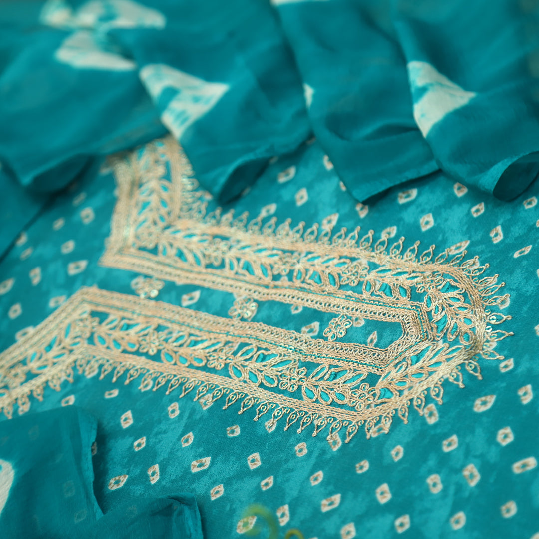Ada Teal Blue Zari Embellish Work Bandani Printed Jam Cotton Suit Set