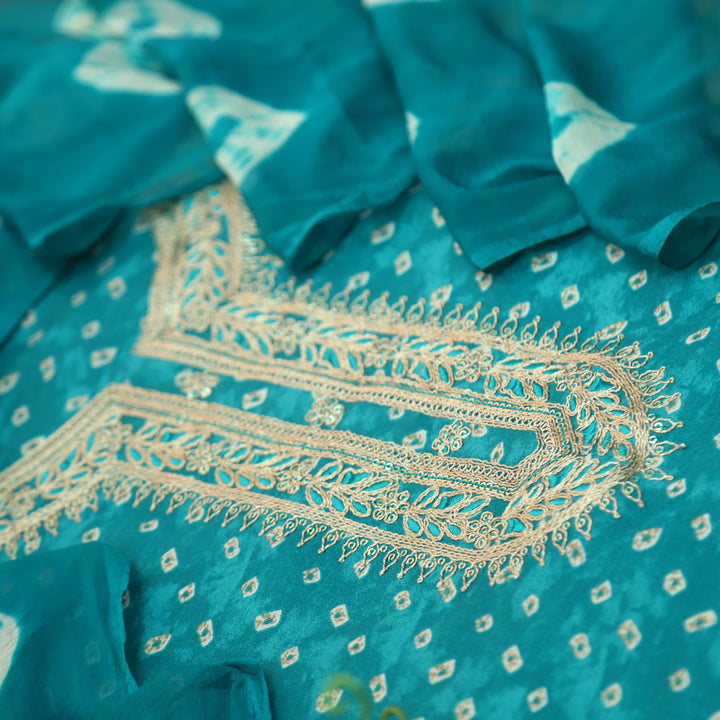 Ada Teal Blue Zari Embellish Work Bandani Printed Jam Cotton Suit Set