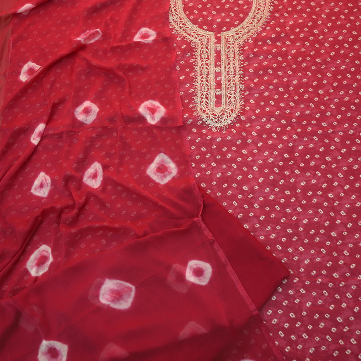 Ada Cherry Red Zari Embellish Work Bandani Printed Jam Cotton Suit Set