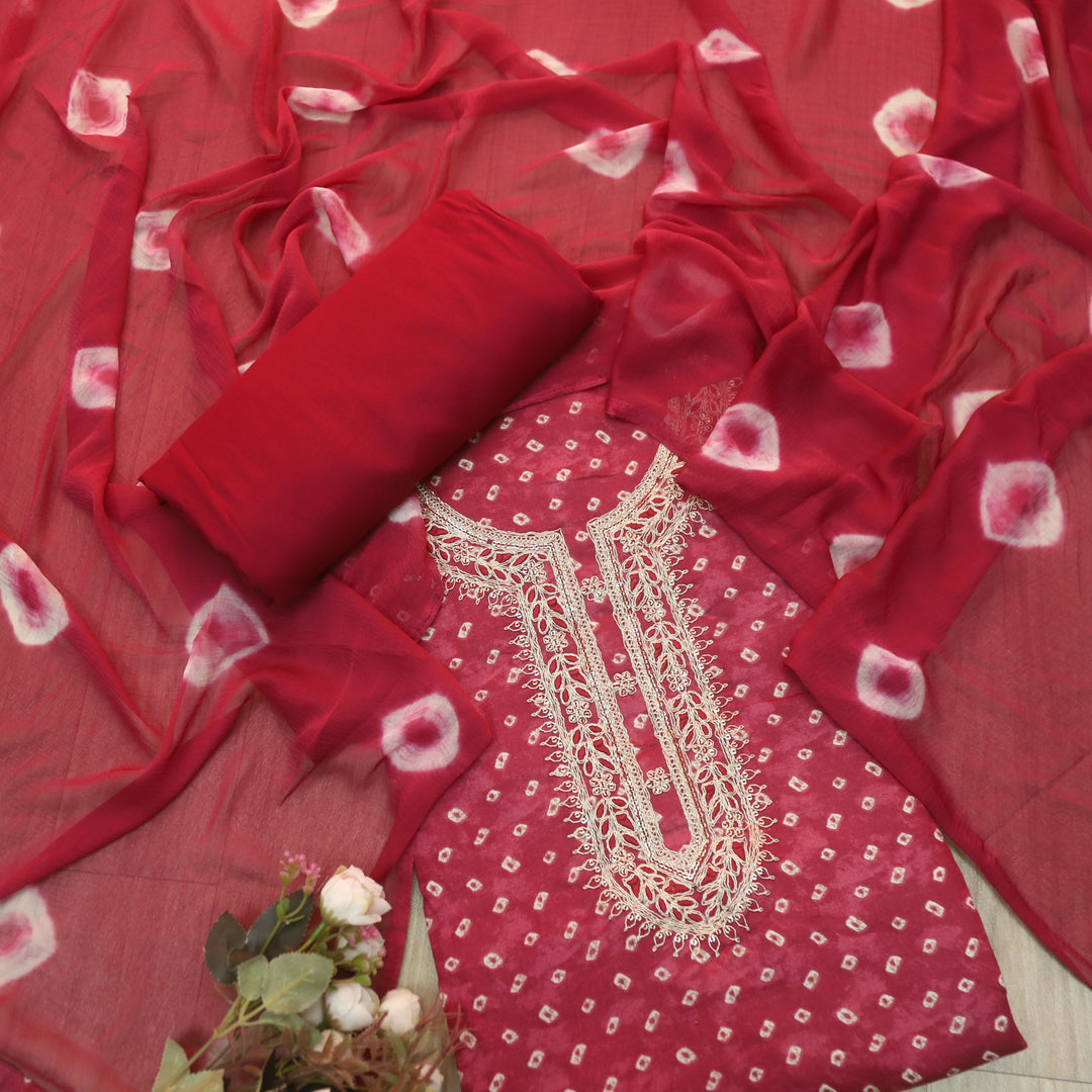 Ada Cherry Red Zari Embellish Work Bandani Printed Jam Cotton Suit Set