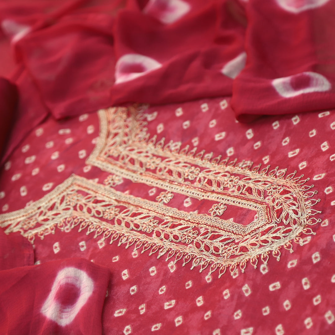 Ada Cherry Red Zari Embellish Work Bandani Printed Jam Cotton Suit Set