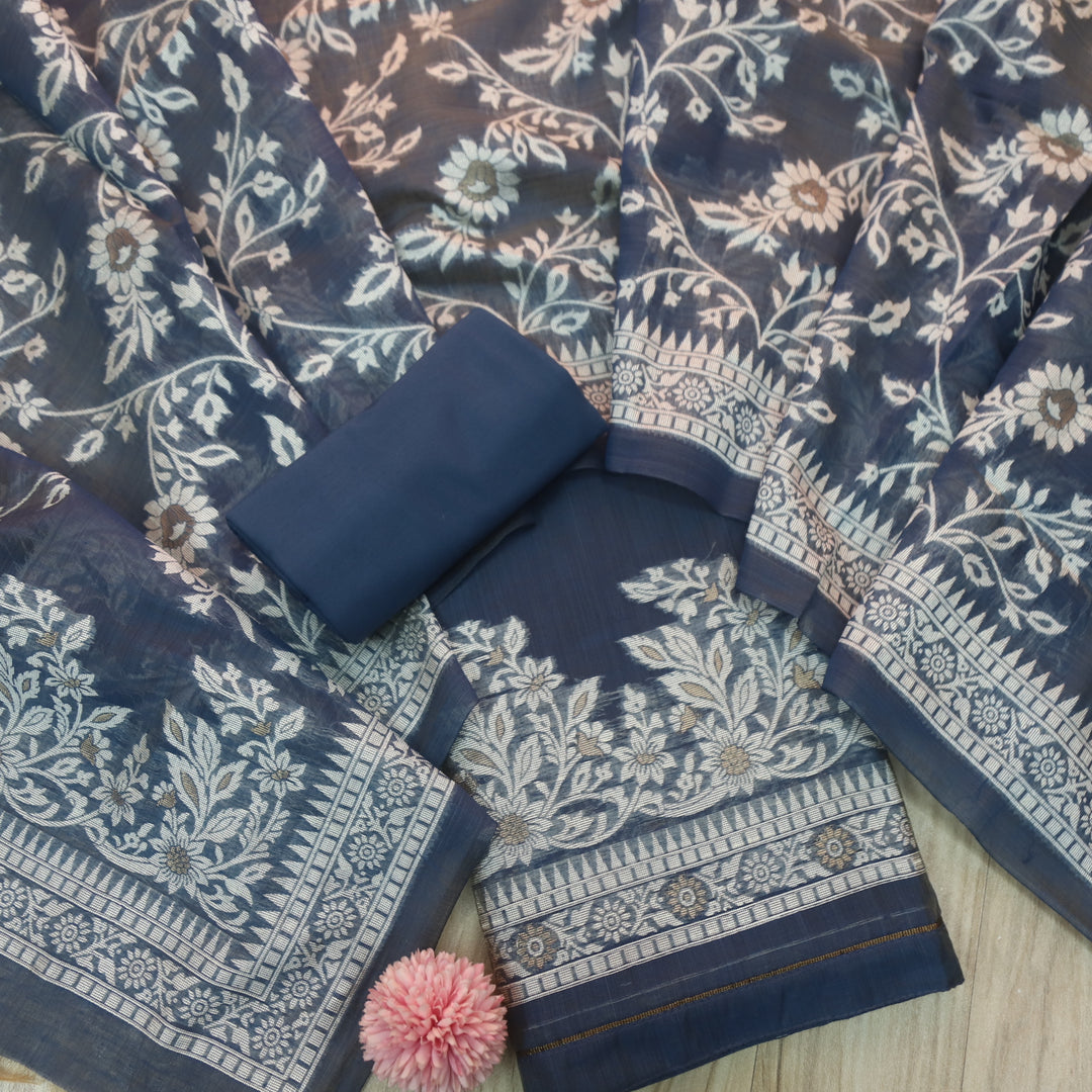 Jannat Midnight Blue Floral Authentic Jamdani Top and Dupatta Suit Set