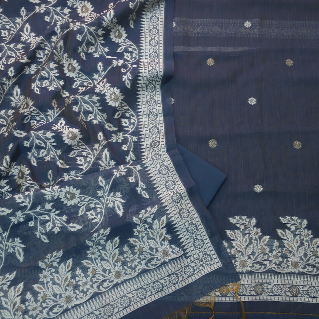 Jannat Midnight Blue Floral Authentic Jamdani Top and Dupatta Suit Set