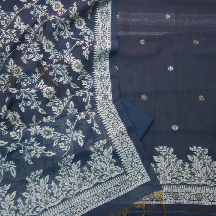 Jannat Midnight Blue Floral Authentic Jamdani Top and Dupatta Suit Set
