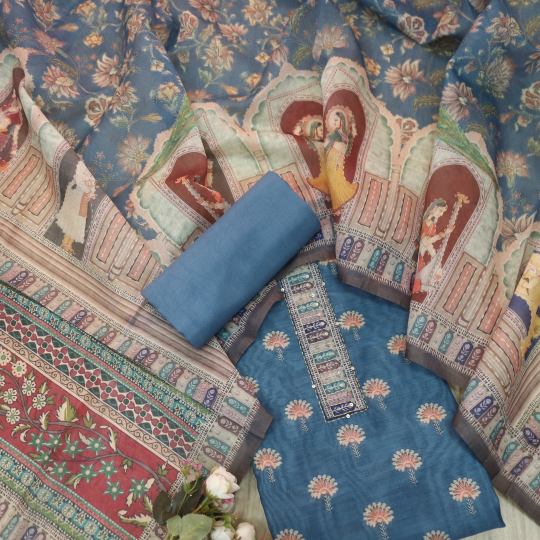 Soundarya Cerulean Blue Kantha Neck Work Printed Chanderi Suit Set