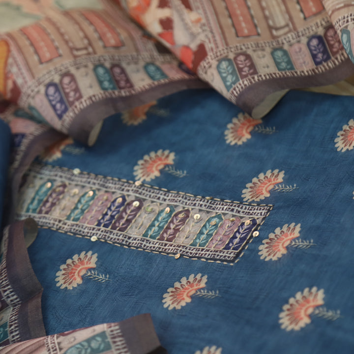 Soundarya Cerulean Blue Kantha Neck Work Printed Chanderi Suit Set