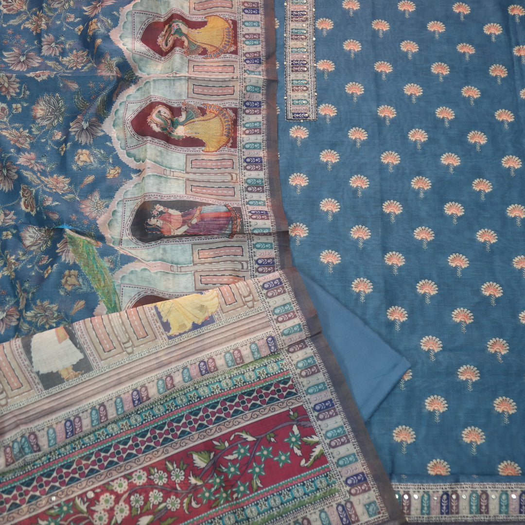 Soundarya Cerulean Blue Kantha Neck Work Printed Chanderi Suit Set