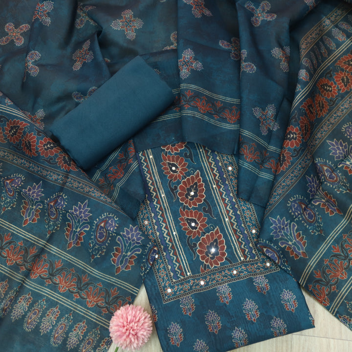 Soundarya Prussian Blue Zari Neck Work Printed Chanderi Suit Set