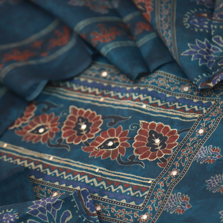 Soundarya Prussian Blue Zari Neck Work Printed Chanderi Suit Set