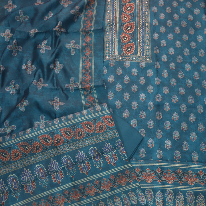 Soundarya Prussian Blue Zari Neck Work Printed Chanderi Suit Set