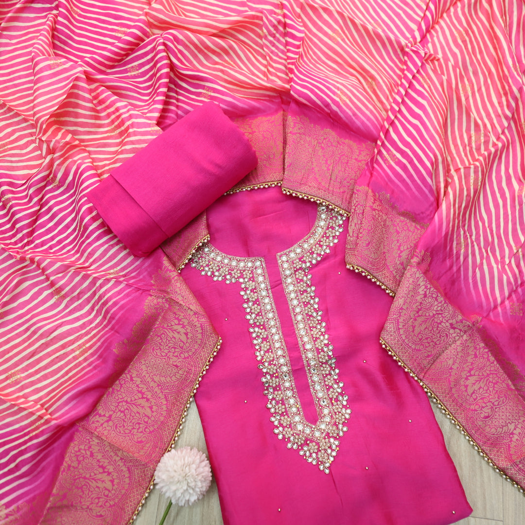 Kayamat Rani Pink Embellished NeckLine Work  Dola Silk Suit Set