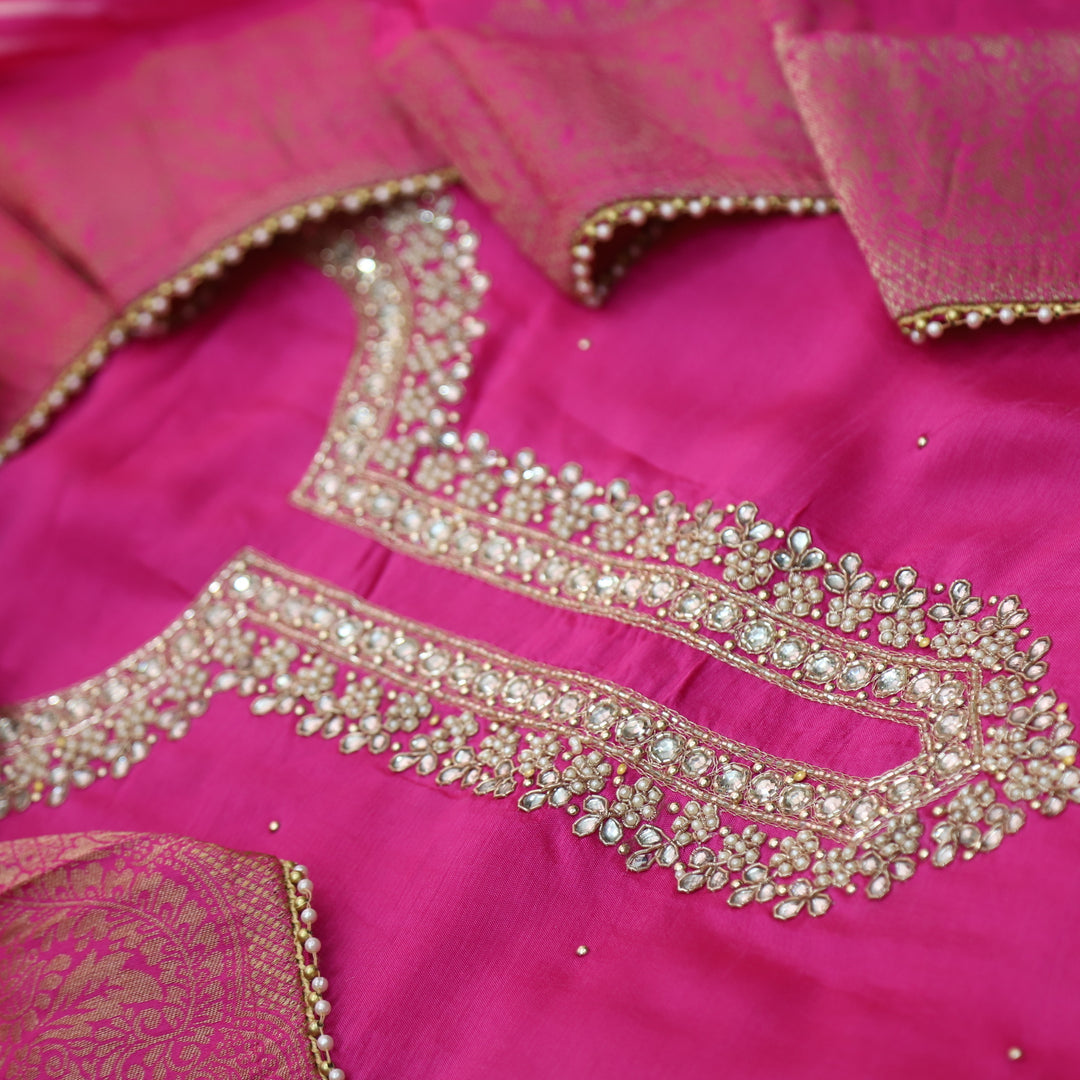 Kayamat Rani Pink Embellished NeckLine Work  Dola Silk Suit Set