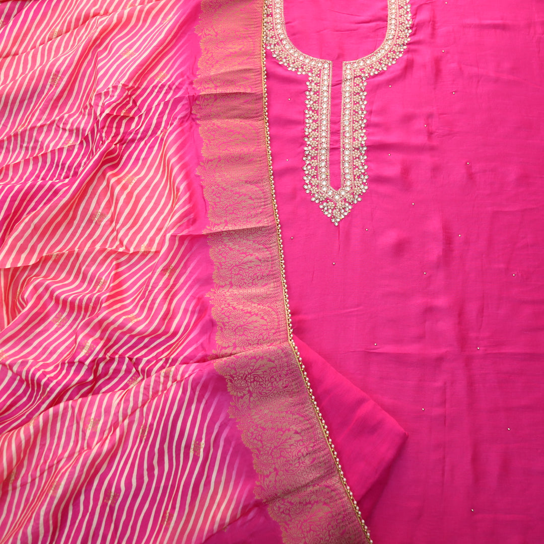 Kayamat Rani Pink Embellished NeckLine Work  Dola Silk Suit Set