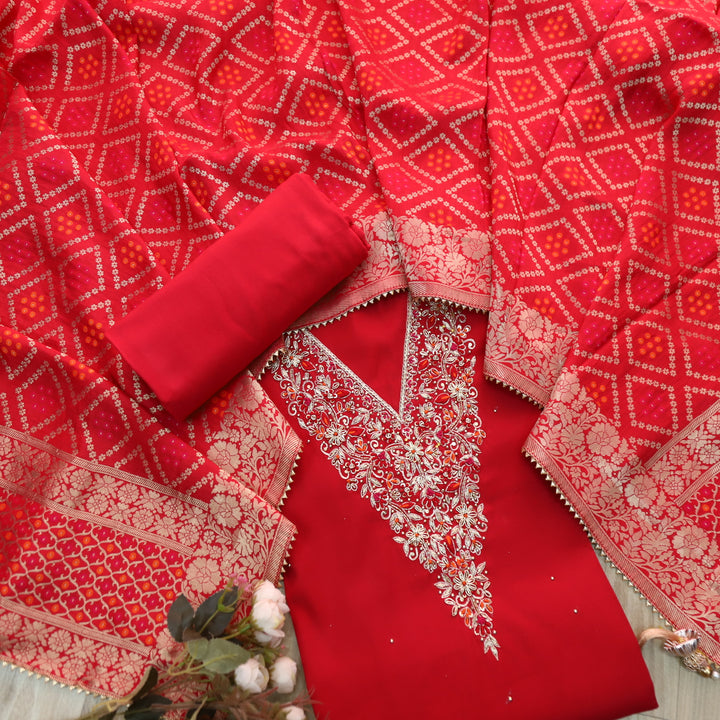 Bandegi Bride Red Designer Heavy V Neck Work Modal Suit Set