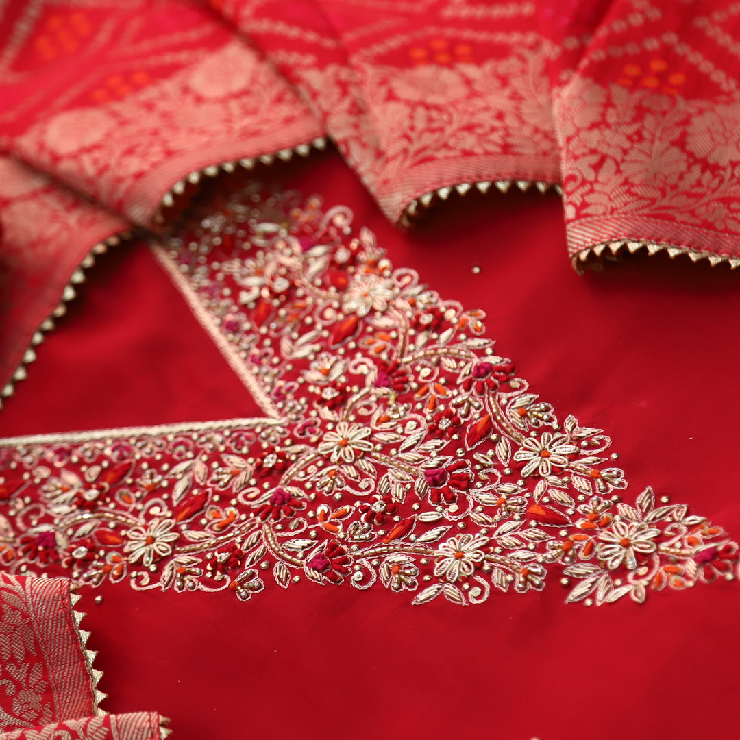 Bandegi Bride Red Designer Heavy V Neck Work Modal Suit Set