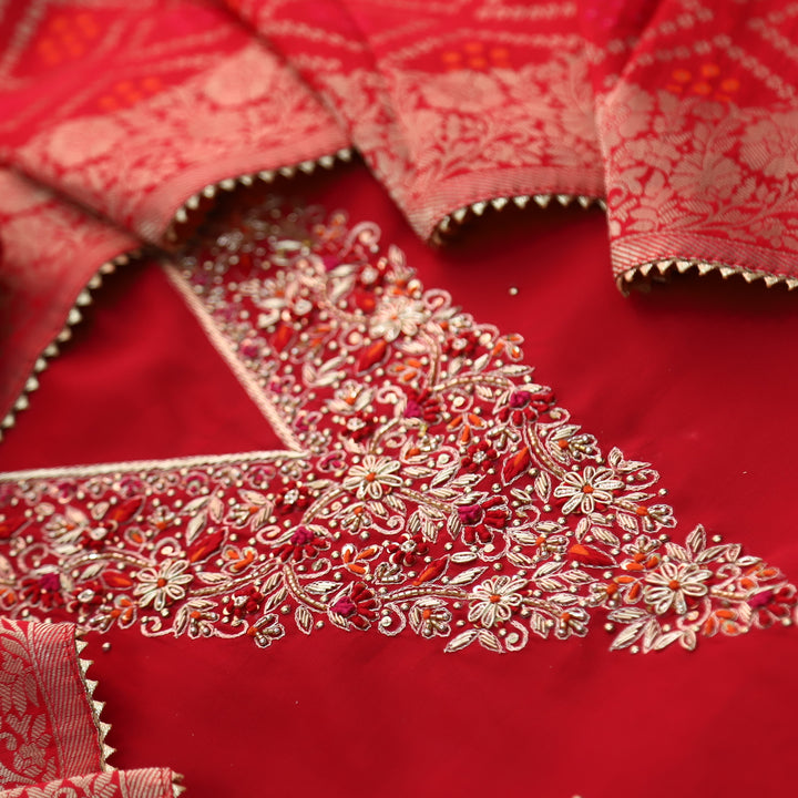 Bandegi Bride Red Designer Heavy V Neck Work Modal Suit Set