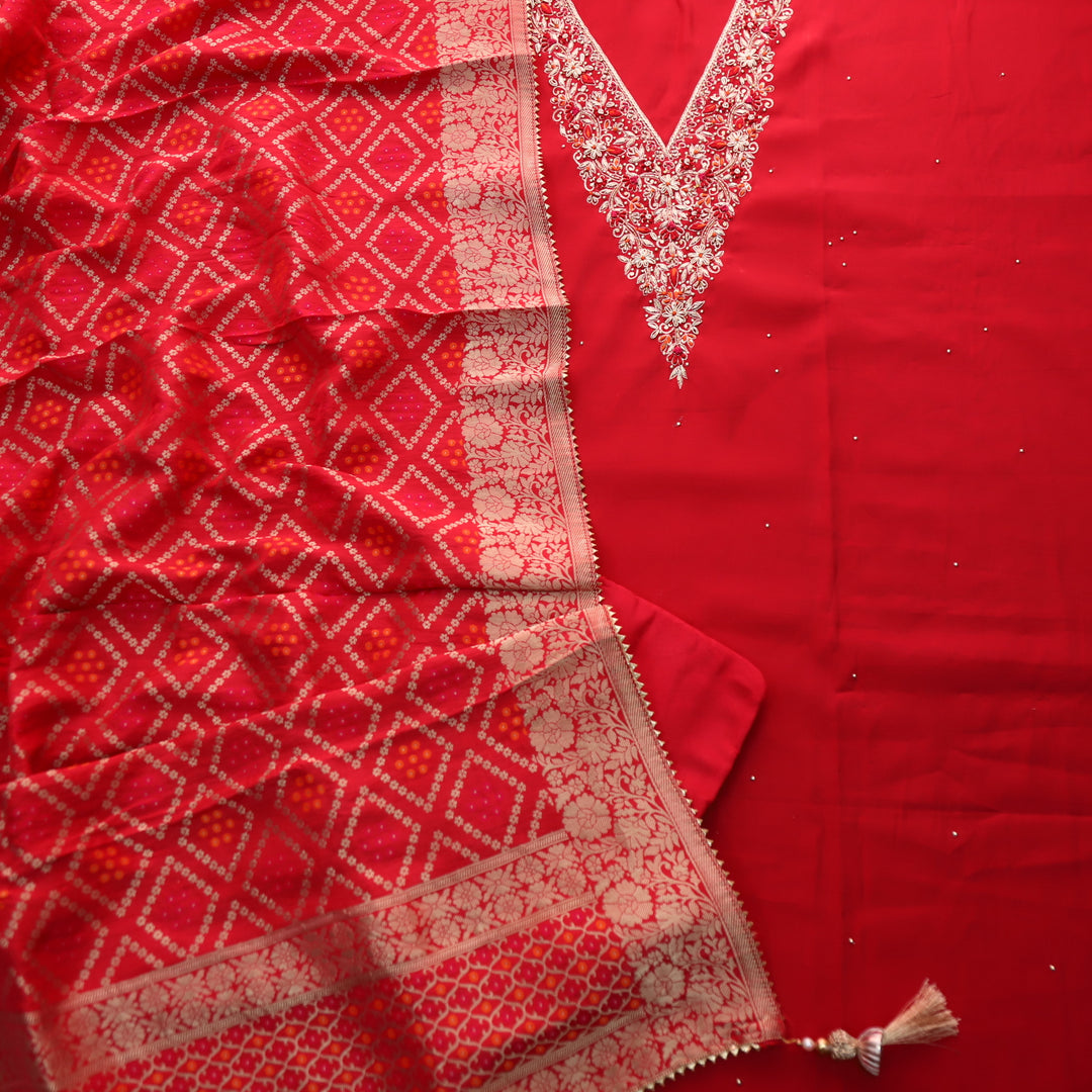 Bandegi Bride Red Designer Heavy V Neck Work Modal Suit Set