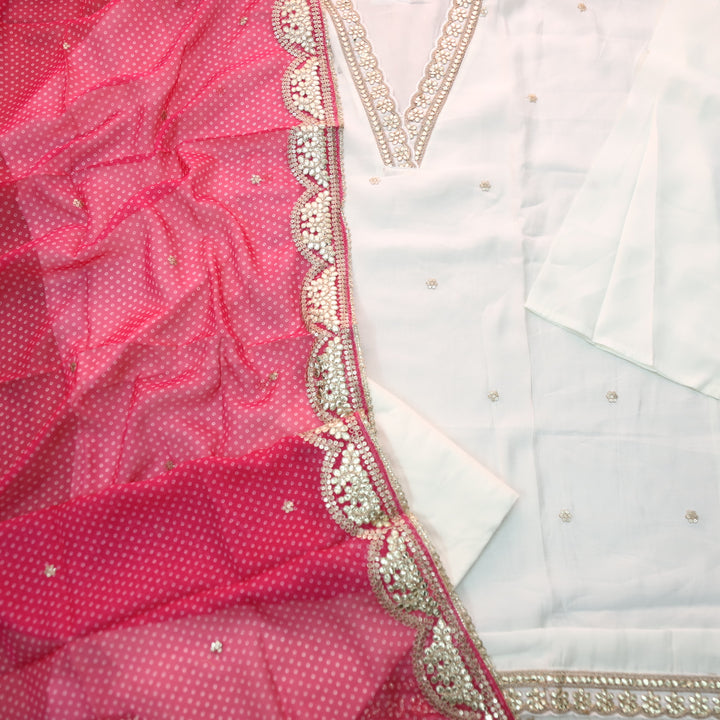 Ishaani Pearl White Embellish Lace V Neck Work Modal Suit Set