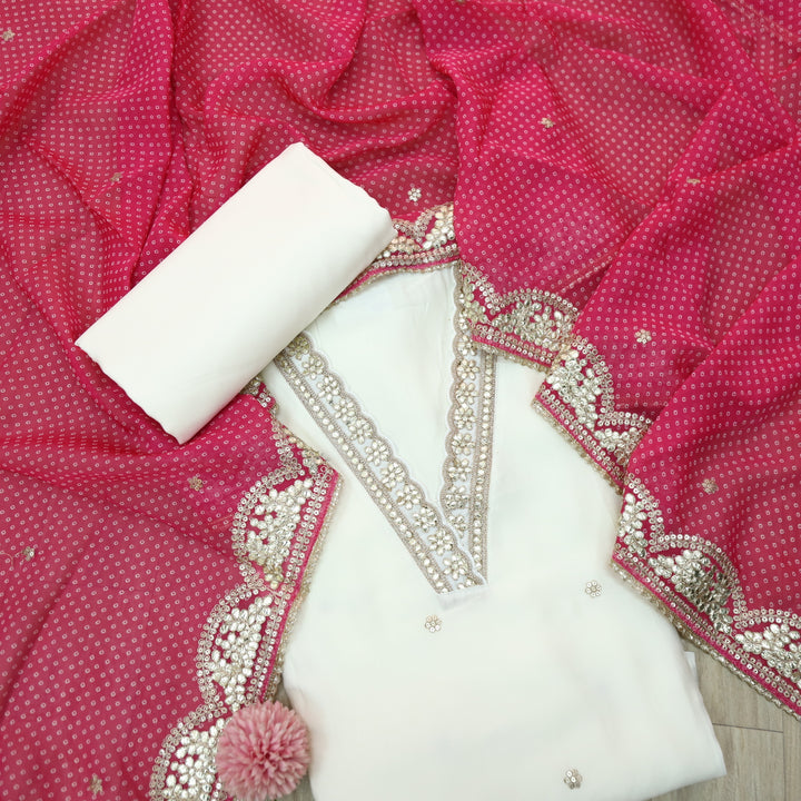 Ishaani Pearl White Embellish Lace V Neck Work Modal Suit Set