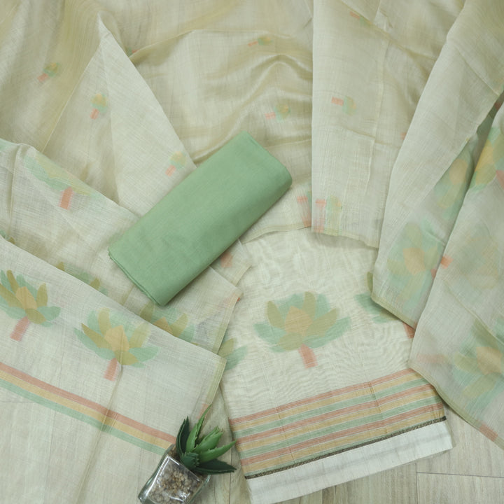 Kush Beige with Green Floral Authentic Jamdani Weaved Suit Set