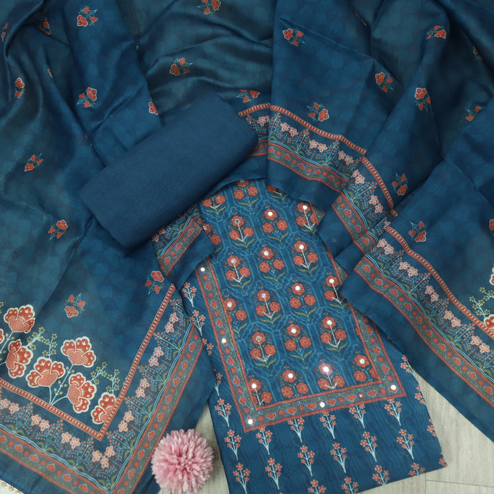 Soundarya Navy Blue Embellished Neck in Printed Chanderi Suit Set