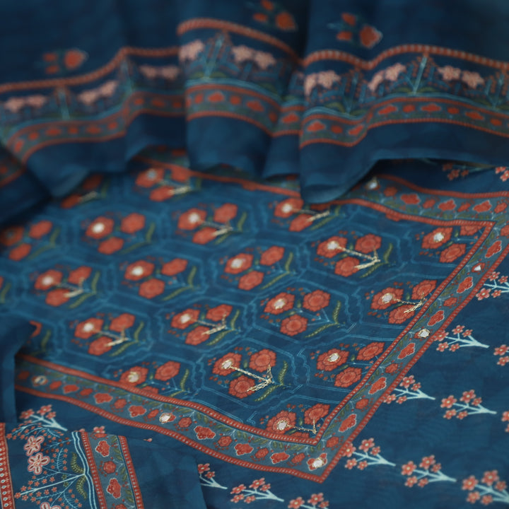 Soundarya Navy Blue Embellished Neck in Printed Chanderi Suit Set