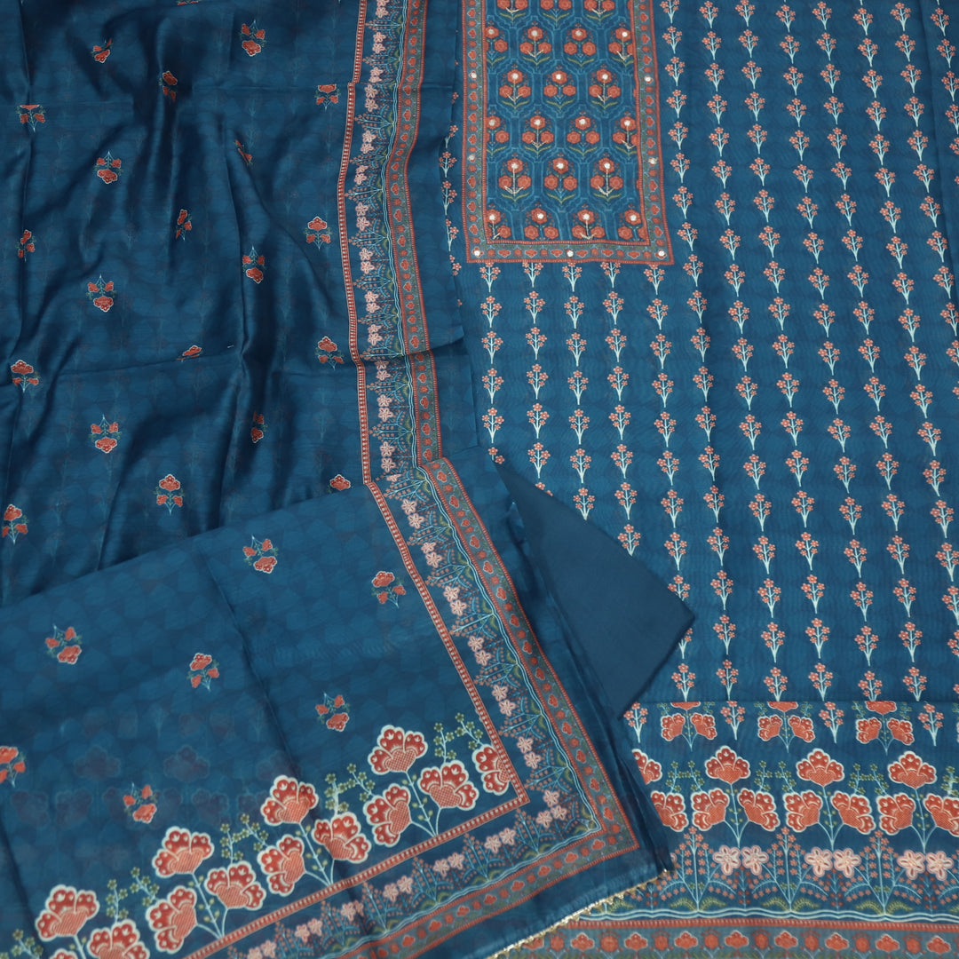 Soundarya Navy Blue Embellished Neck in Printed Chanderi Suit Set