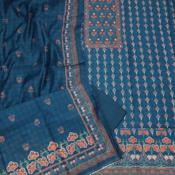 Soundarya Navy Blue Embellished Neck in Printed Chanderi Suit Set