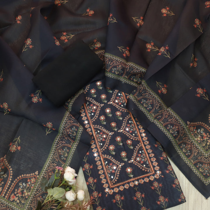 Soundarya Midnight Black Embellished Neck in Printed Chanderi Suit Set