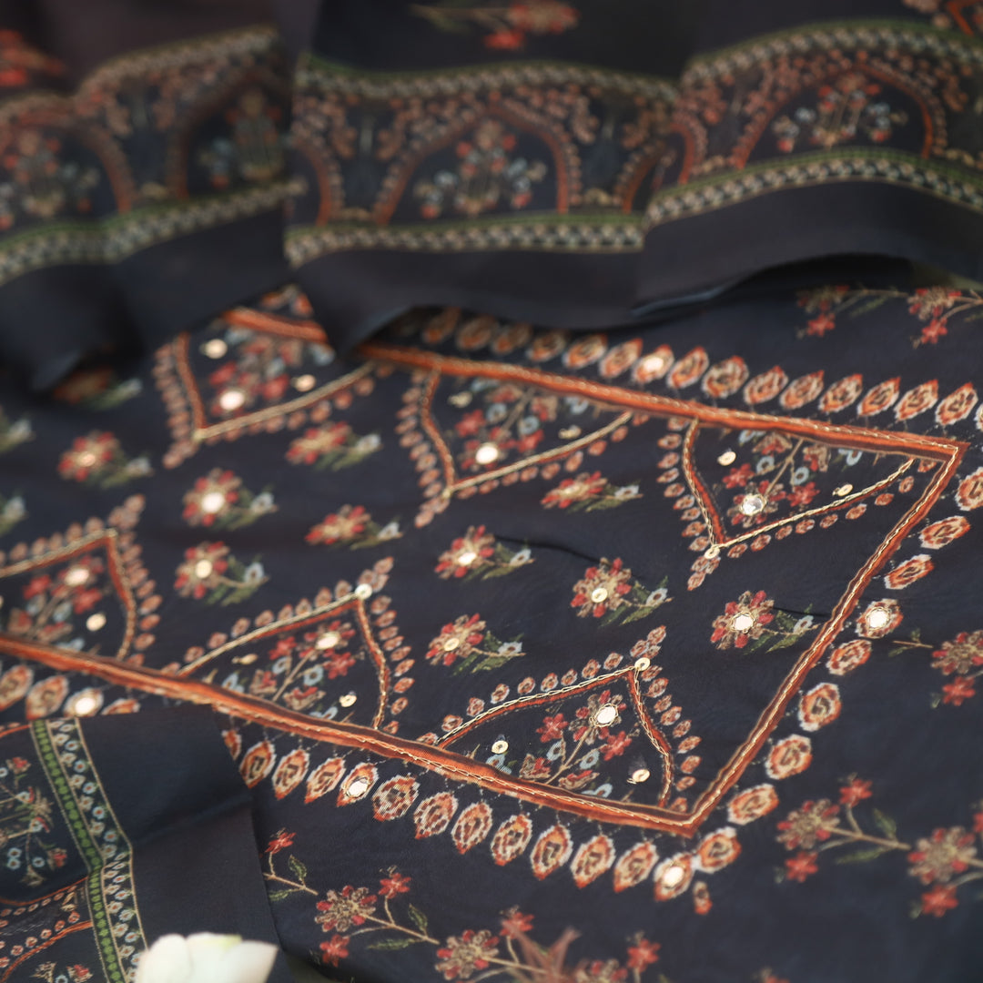 Soundarya Midnight Black Embellished Neck in Printed Chanderi Suit Set