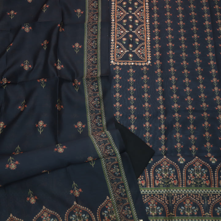 Soundarya Midnight Black Embellished Neck in Printed Chanderi Suit Set