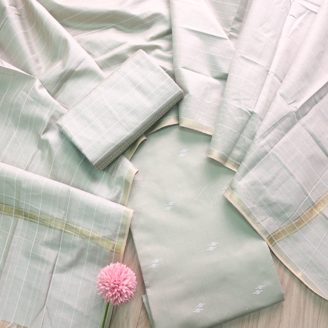 Numaaish Minty Sage Thread Buti Weaved Cotton Silk Suit Set D2