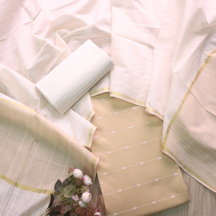 Numaaish Skin Beige Thread Buti Weaved Cotton Silk Suit Set