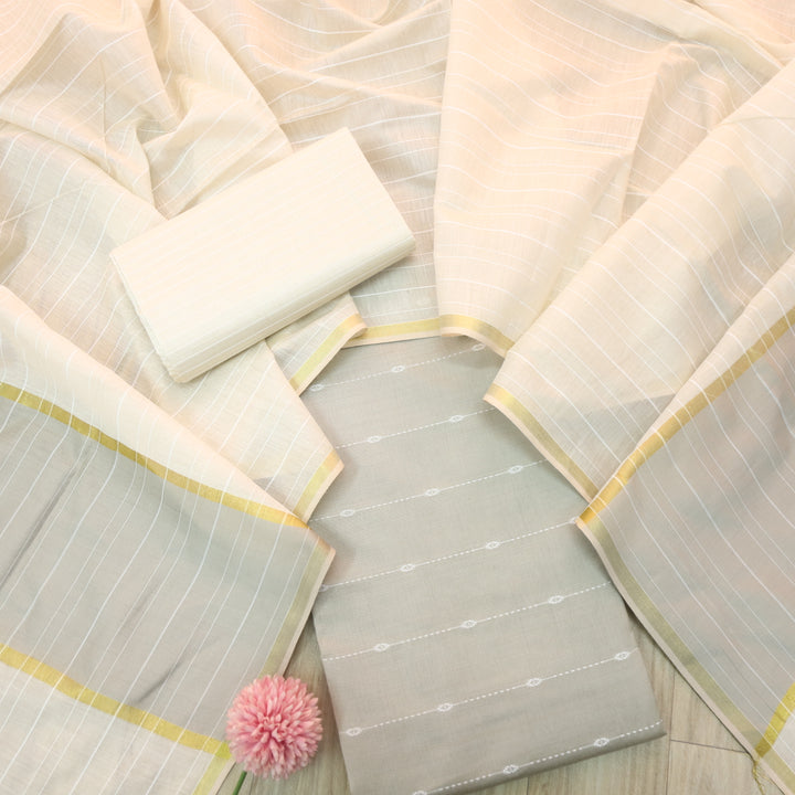 Numaaish Oyster Beige  Thread Buti Weaved Cotton Silk Suit Set