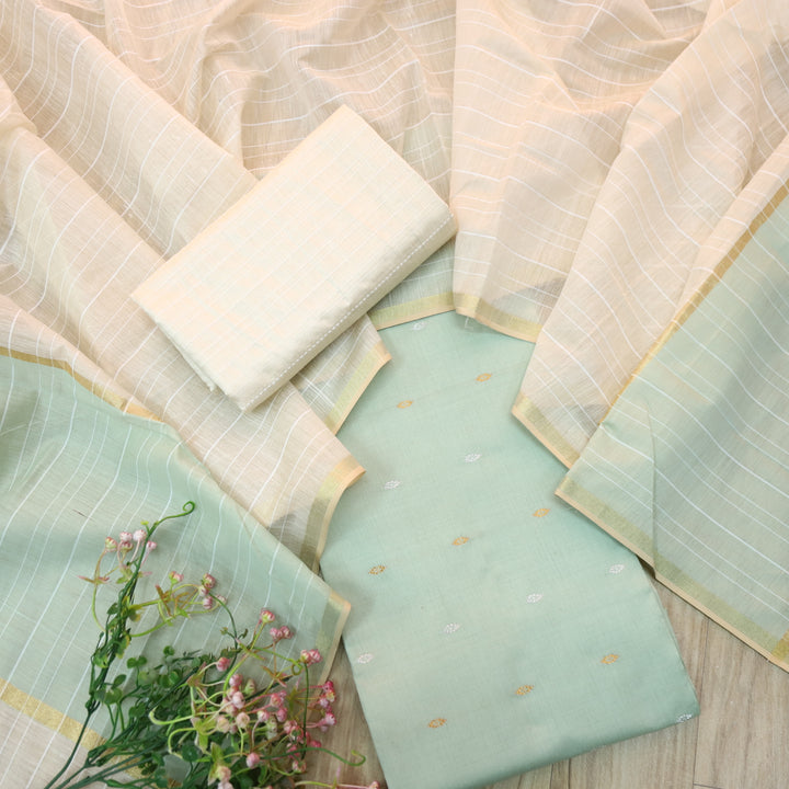 Numaaish Minty Sage Thread Buti Weaved Cotton Silk Suit Set