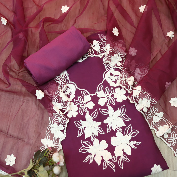 Rivva Plumberry Purple Aari Embriodered Neck Work Modal Suit Set