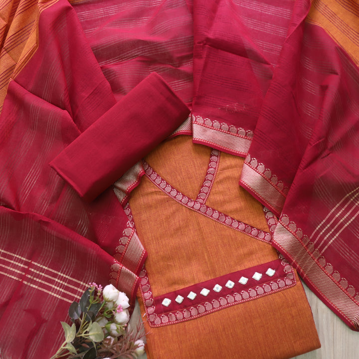 Rubi Tamgy Orange Angrakha Style Mirror Neck South Cotton Suit Set