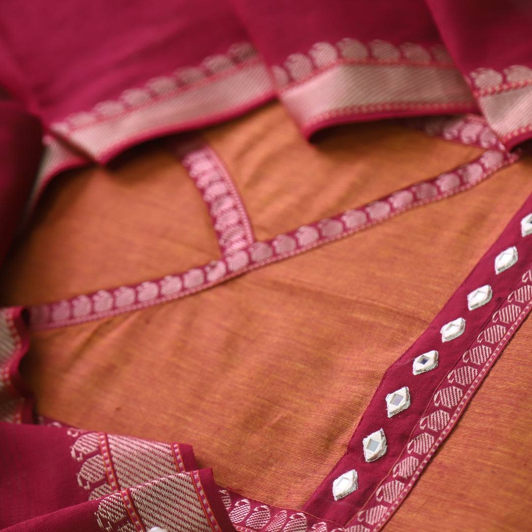 Rubi Tamgy Orange Angrakha Style Mirror Neck South Cotton Suit Set
