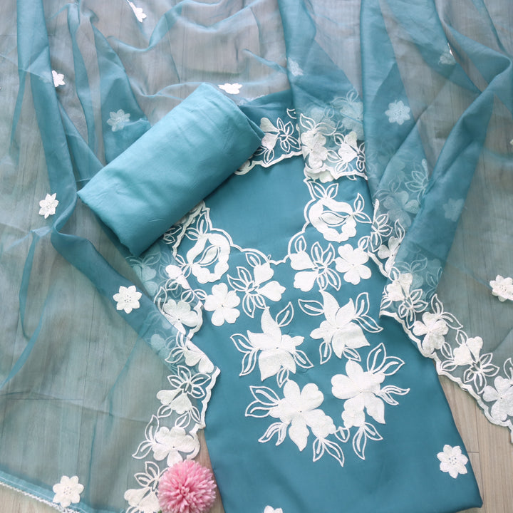 Rivva Pthalo Teal Aari Embriodered Neck Work Modal Suit Set